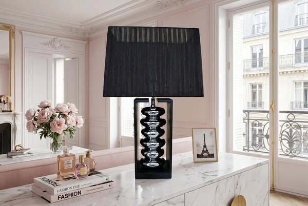 Designová glamour černá stolní lampa Galla s organzovým polohovatelným stínítkem a nohou s lesklým stříbrným akcentem 55 cm
