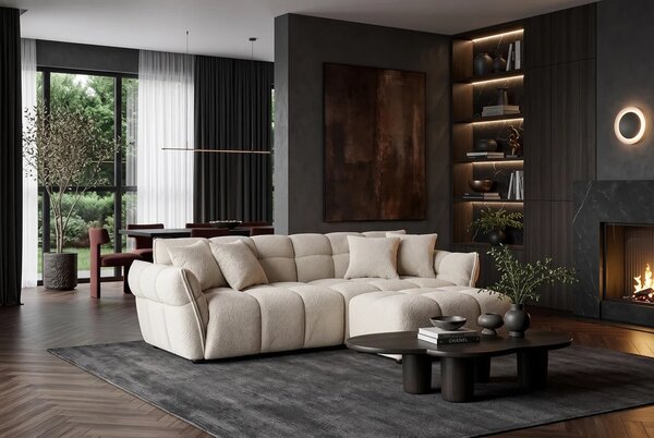 Designová moderní třímístná sedačka Yang se světlým béžovým buklé potahem s prošíváním do čtverce a čtyřmi polštáři 260 cm
