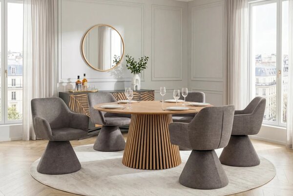 Art deco otočná sametová jídelní židle Sonu s celoplošným čalouněním v hnědošedé barvě s mohutnou nohou a opěrkami 62 cm
