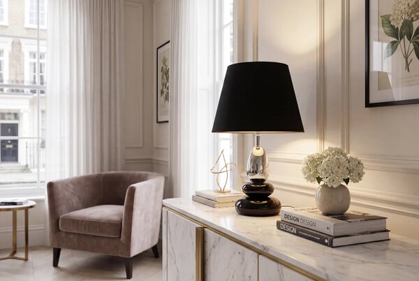Art deco moderní stolní lampa Caillou s podstavou s designem oblázků v černé barvě se stříbrným detailem 45 cm