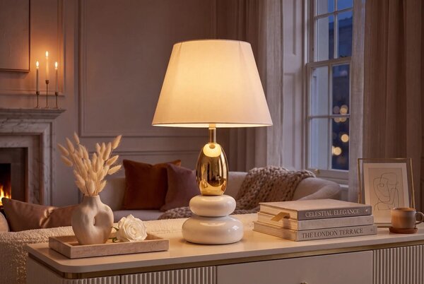Glamour stolní lampa Caillou s designem oblázků v bílé barvě se zlatým detailem s polohovatelným stínítkem 45 cm