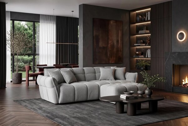 Designová moderní buklé obdélníková taburetka Yang ve světle šedé barvě s hlubokým čtvercovým prošíváním 100 cm