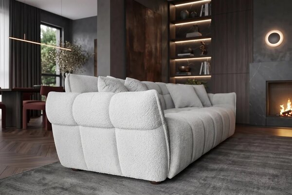 Designová moderní buklé třímístná sedačka Yang se světlým šedým potahem s hlubokým čtvercovým prošíváním a polštáři 260 cm