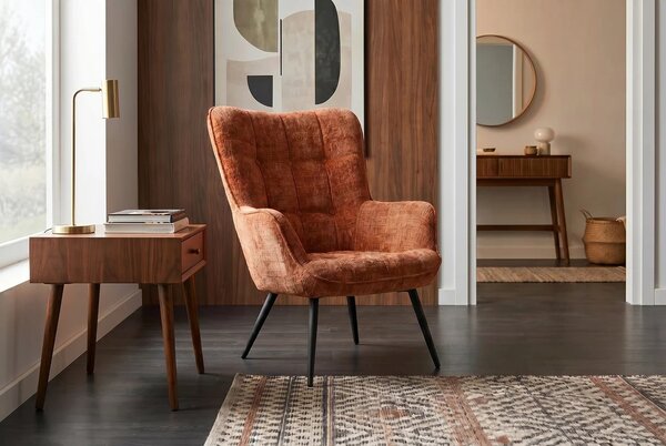 Designové retro křeslo Scandinavia s žinylkovým potahem s prošíváním s knoflíky v rezavé hnědé barvě a černýma nohama 73 cm