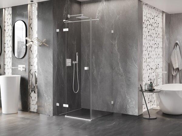 Mexen Lunar T, sklápěcí sprchový kout levý 110 x 110 cm, 8mm čiré sklo, bílý profil, 834T-110-110-20-00-L