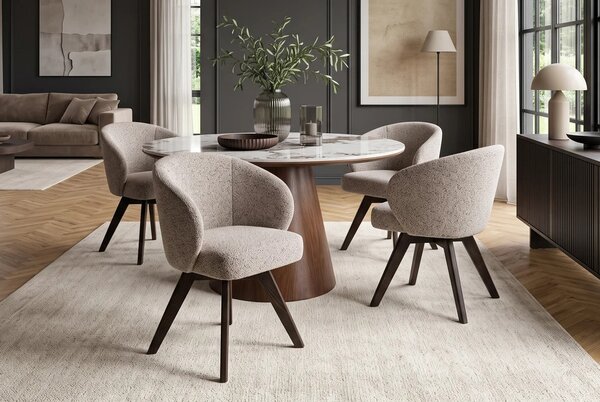 Moderní designová otočná jídelní židle Aston s melírovaným hnědo-béžovým potahem a tmavým dubovým nohama 60 cm