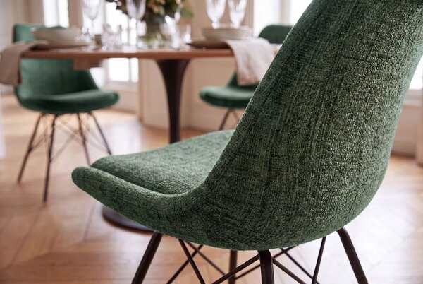 Skandinávská retro zelená jídelní židle Scandinavia s texturovaným žinylkovým čalouněním a černou kovovou podnoží 50 cm