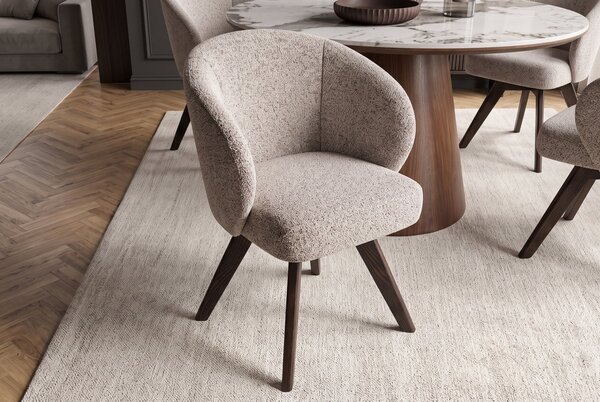 Moderní designová otočná jídelní židle Aston s melírovaným hnědo-béžovým potahem a tmavým dubovým nohama 60 cm