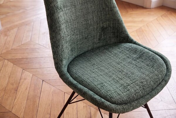 Skandinávská retro zelená jídelní židle Scandinavia s texturovaným žinylkovým čalouněním a černou kovovou podnoží 50 cm
