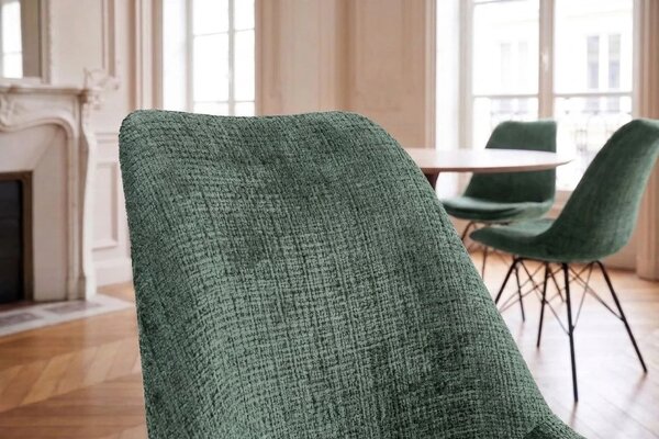 Skandinávská retro zelená jídelní židle Scandinavia s texturovaným žinylkovým čalouněním a černou kovovou podnoží 50 cm