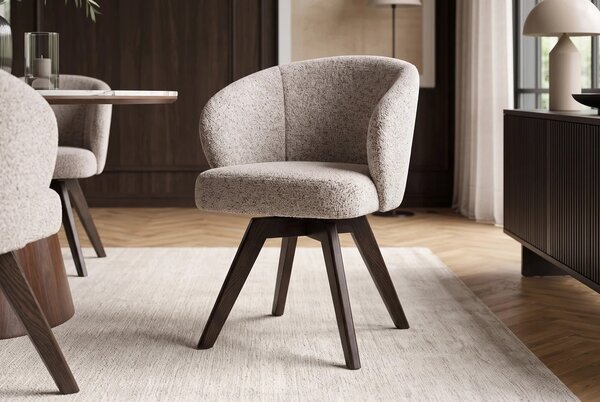 Moderní designová otočná jídelní židle Aston s melírovaným hnědo-béžovým potahem a tmavým dubovým nohama 60 cm