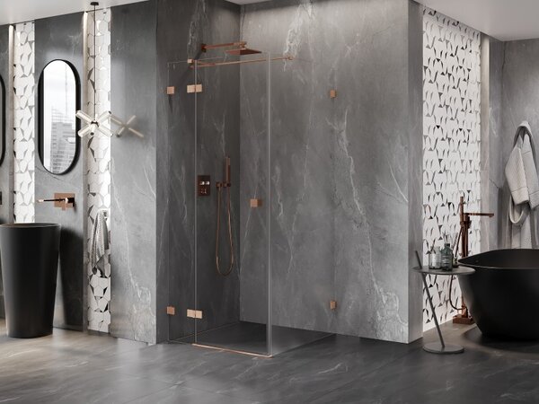 Mexen Lunar T, sklápěcí sprchový kout levý 110 x 110 cm, 8mm čiré sklo, profil měděná matná, 834T-110-110-65-00-L