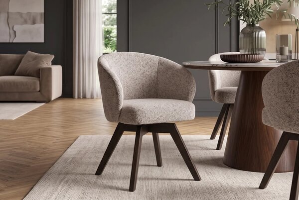 Moderní designová otočná jídelní židle Aston s melírovaným hnědo-béžovým potahem a tmavým dubovým nohama 60 cm