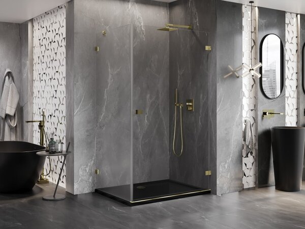 Mexen Lunar-B, pravostranný výklopný sprchový kout 90 x 80 cm, 8mm čiré sklo, zlatý profil, 832-090-080-50-00-P