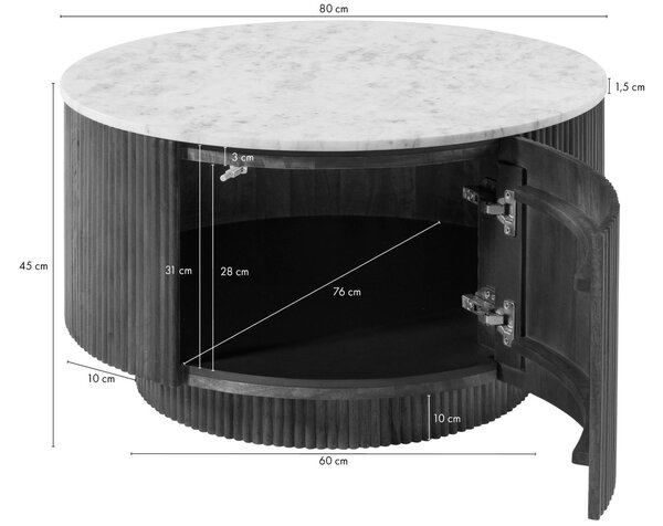 Konferenční stolek kulatý mango 80x80x45 hnědý lakovaný / mramor bílý BARCELONA