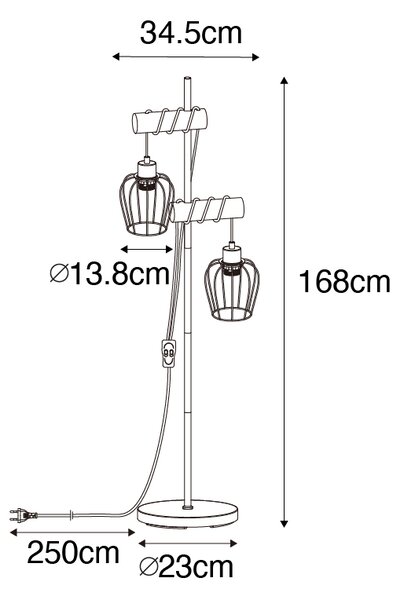 Venkovská stojací lampa černá se dřevem 2 -světlo - Stronk