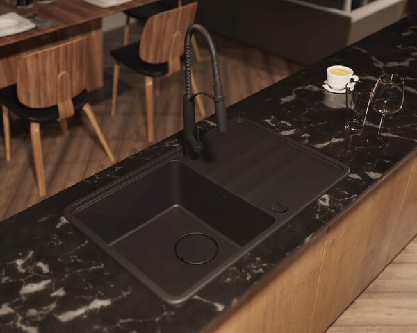 Deante Momi, 1-komorový granitový dřez 780x500x230 mm s úsporným sifonem, černá matná, DEA-ZKM_N113