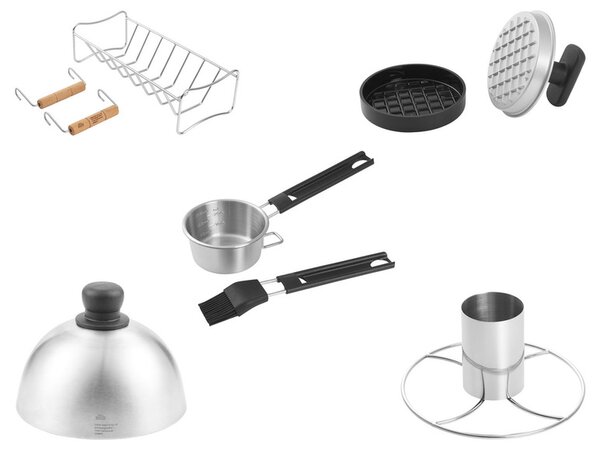 Grillmeister Grilovací stojan na kuře / Grilovací stojan na žebírka a pečeni / Forma na hamburgery / Sada na marinování / Poklop na burgery (100371981)