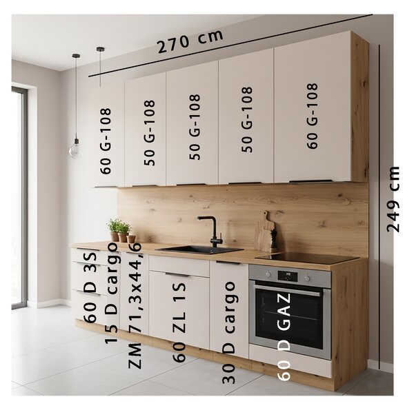 Kuchyňská linka SOLEA | 270 cm | artisan/kašmír | PREMIUM BOX | UNI dvířka | VÝBĚR ÚCHYTŮ