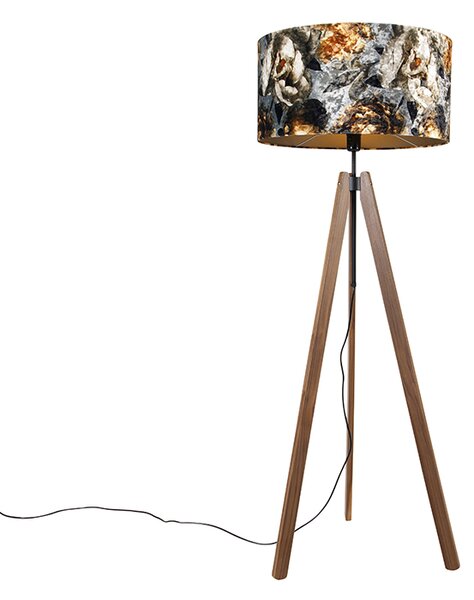 Venkovská stojací lampa stativ hnědý se stínidlem květy 50 cm - Telu