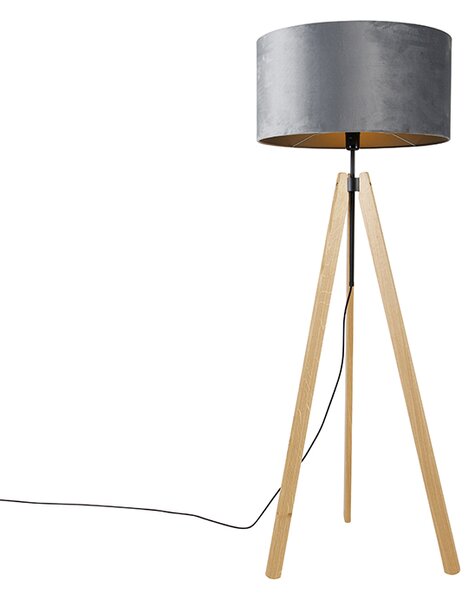 Moderní stojací lampa ze dřevěného textilního odstínu šedý 50 cm stativ - Telu