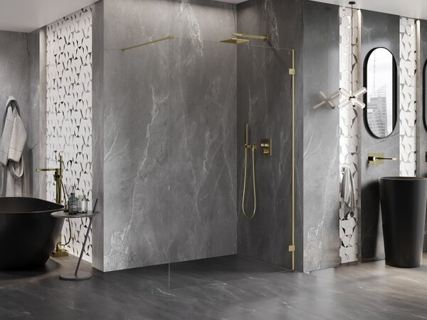 Mexen Lunar sprchová stěna pravá 90 x 200 cm, 8mm čiré sklo, zlatá matná, 830-090-000-55-00-P