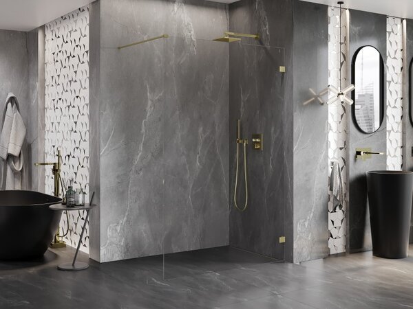 Mexen Lunar sprchová stěna pravá 90 x 200 cm, 8mm čiré sklo, zlatá matná, 830-090-000-55-00-P