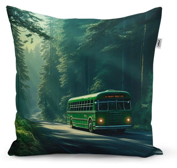 Sablio Polštář Zelený autobus v lese - 40x40 cm