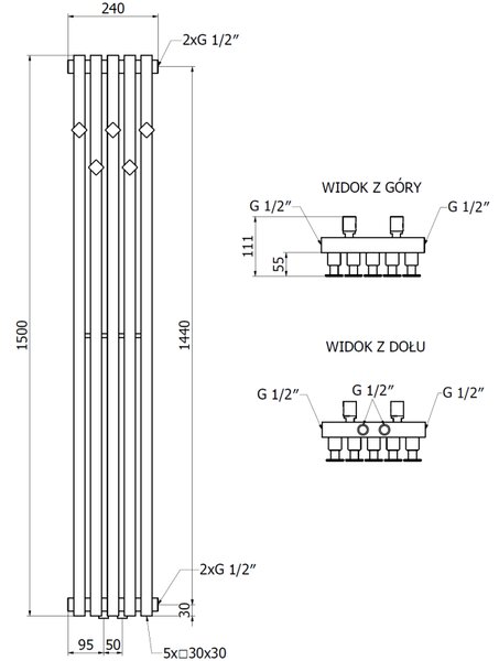 Mexen, Mexen Flux dekorativní koupelnový radiátor 1500 x 240 mm, 450 W, antracit - W127-1500-240-00-66
