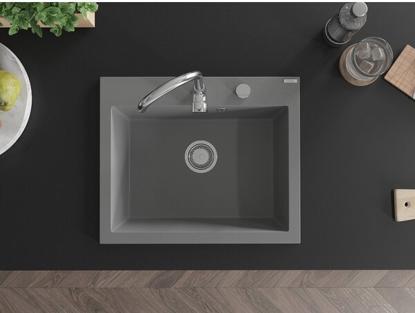 Mexen Elix, 1-komorový granitový dřez 600 x 500 mm, šedý, chromový sifon - 6525601005-71