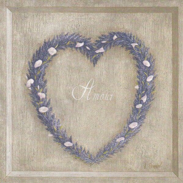 ART-STYLE Obrázek 14x14, modré srdce levandule, rám bílý s patinou