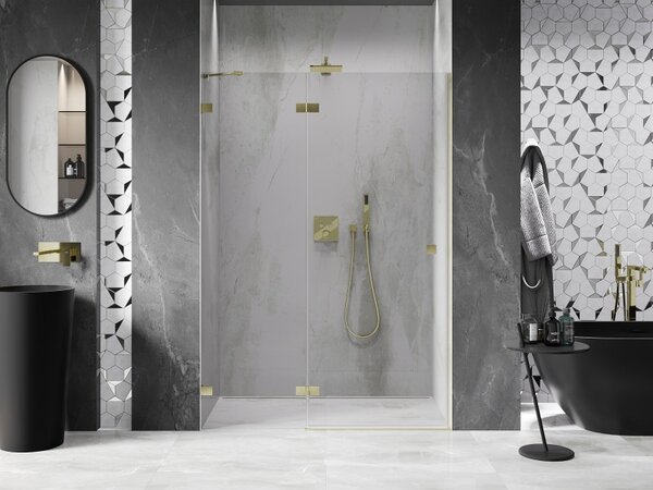 Mexen, Mexen Lunar levé výklopné sprchové dveře 130 cm, transparentní, broušené zlaté - 834-130-000-55-00-L
