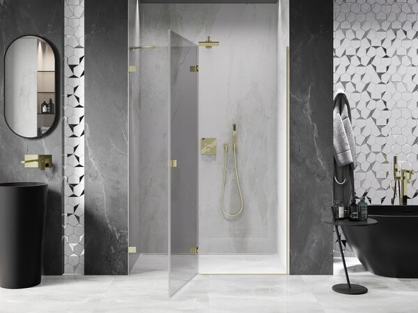 Mexen, Mexen Lunar levé výklopné sprchové dveře 130 cm, transparentní, broušené zlaté - 834-130-000-55-00-L