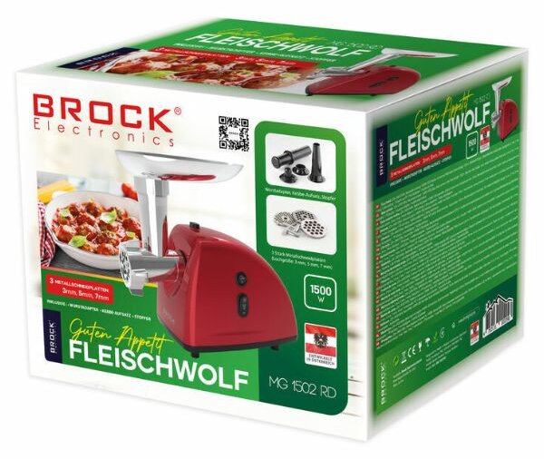 Mlýnek na maso - elektrický Brock 1500W, hrubost 3-5-7mm, s nástavcem na klobásy, červený