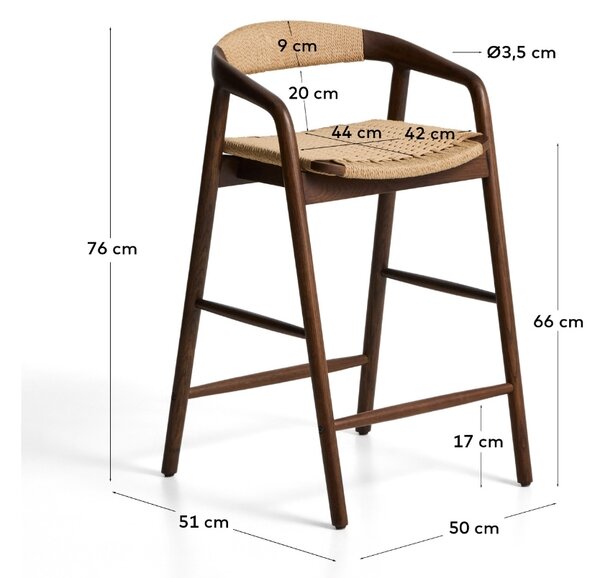 Kave Home Ořechová barová židle Derile 65 cm s výpletem