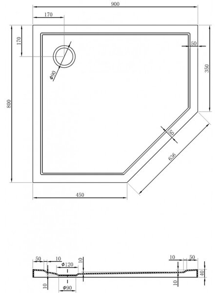 Mexen Flow Slim, levostranná pětiúhelníková sprchová vanička 90 x 80 cm, bílá lesklá, 46P108090L