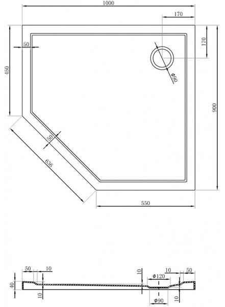 Mexen Flow Slim, pravostranná pětiúhelníková sprchová vanička slim 100 x 90 cm, bílá lesklá, 46P109010R