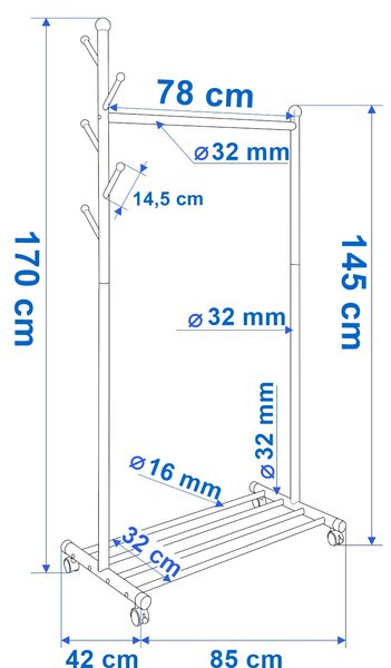 ViaDomo Via Domo - Pojízdný kovový věšák s botníkem Libellula - bílá - 85x170x42 cm