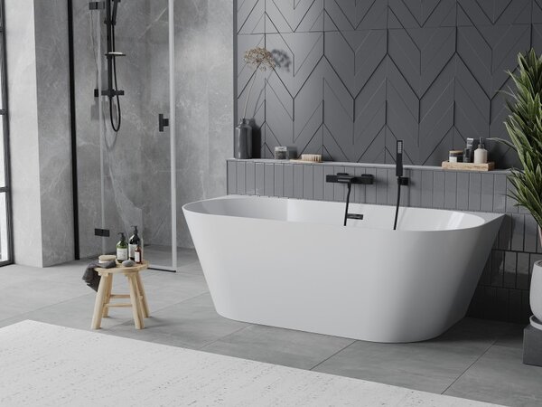 Mexen Oval Slim, volně stojící vana ke stěně 170 x 80 cm, bílá lesklá, černý matný přepad, 52661708000-70