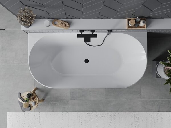 Mexen Oval Slim, volně stojící vana ke stěně 170 x 80 cm, bílá lesklá, černý matný přepad, 52661708000-70