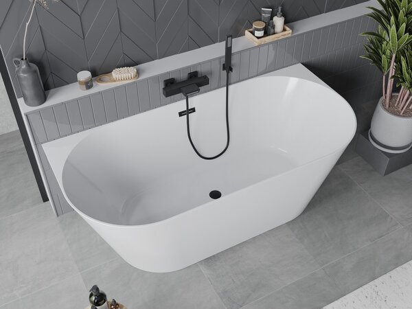 Mexen Oval Slim, volně stojící vana ke stěně 170 x 80 cm, bílá lesklá, černý matný přepad, 52661708000-70