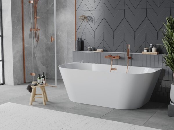 Mexen Oval Slim, volně stojící vana ke stěně 170 x 80 cm, bílá lesklá, růžové zlato přepad, 52661708000-60