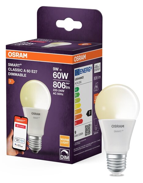 Chytrá zigbee LED stmívatelná žárovka E27 9 W CLASSIC A, teplá bílá OSRAM