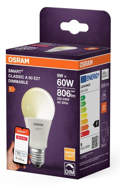 Chytrá zigbee LED stmívatelná žárovka E27 9 W CLASSIC A, teplá bílá OSRAM
