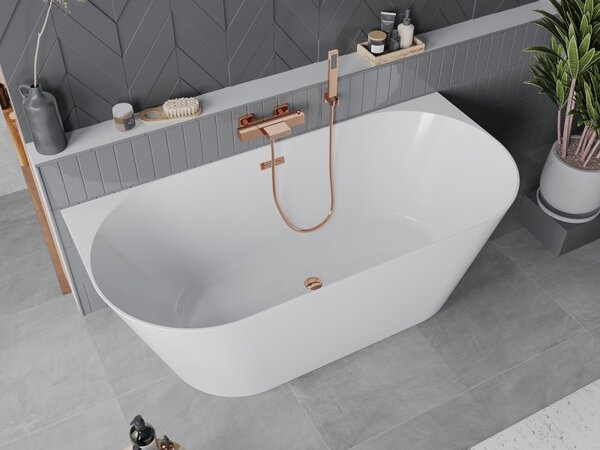 Mexen Oval Slim, volně stojící vana ke stěně 170 x 80 cm, bílá lesklá, růžové zlato přepad, 52661708000-60