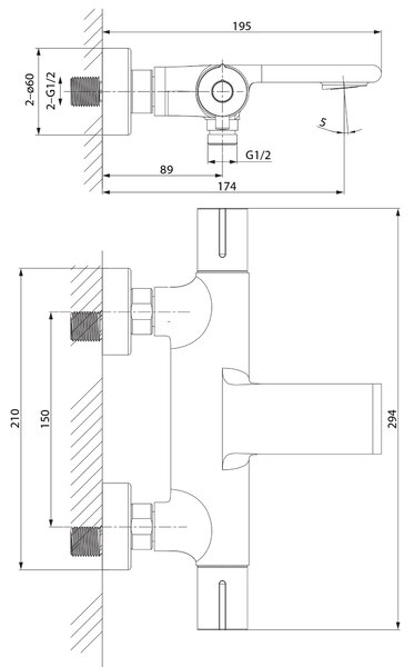 Cersanit Virgo vanová baterie na stěnu s termostatem zlatá S951-868