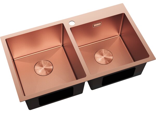 Mexen Xorin, 2-komorový nerezový dřez 780 x 450 mm, broušená měď, vzor voština, 6441782000-65HC
