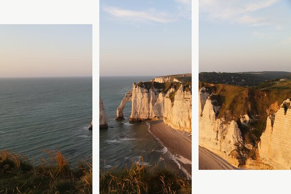 Útesy Étretat v teplém večerním světle – Třídílný obraz C, 120 × 80 cm