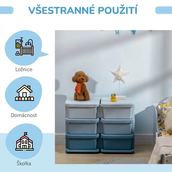 Dětská zásuvková skříňka (organizér) s úložnými boxy na hračky, modrá, 75 x 37 x 56,5 cm 311-053V00BU