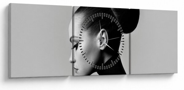 Obraz - Profil krásné ženy (s hodinami) (90x30 cm)